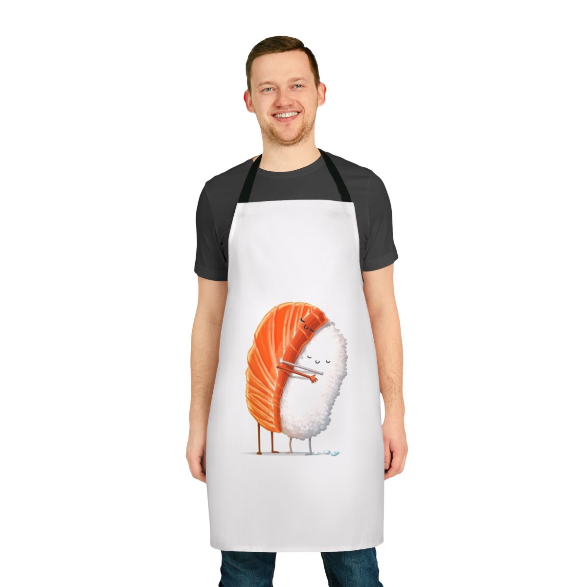 Sushi-themed apron with cute hug design
