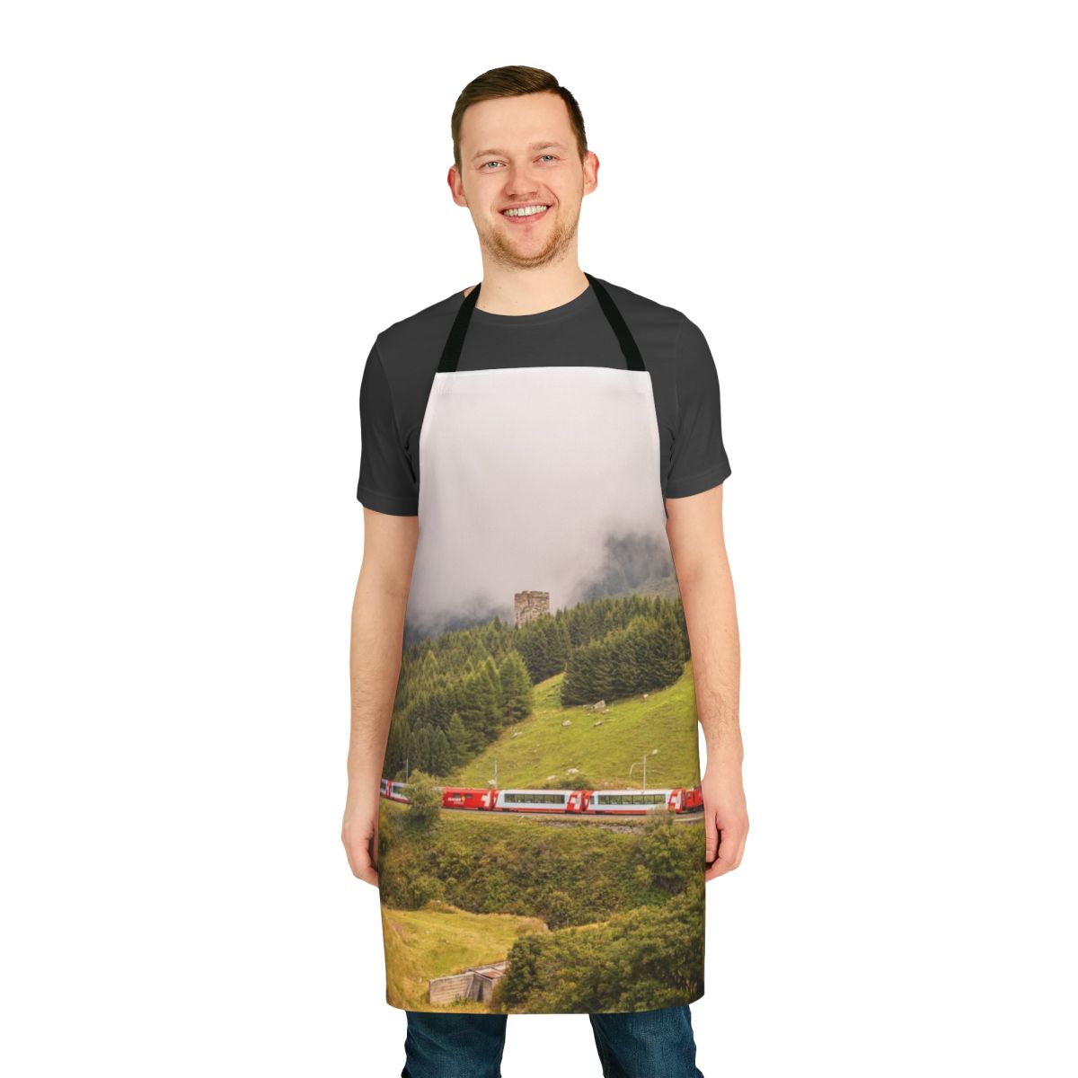 Glacier Express-inspired railway apron with Swiss train design