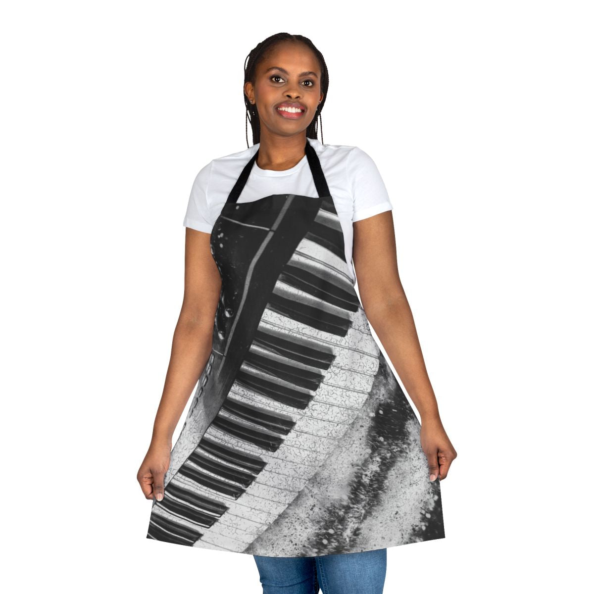 A sleek and modern apron with a black and white abstract design, perfect for musicians, producers, and synth enthusiasts.