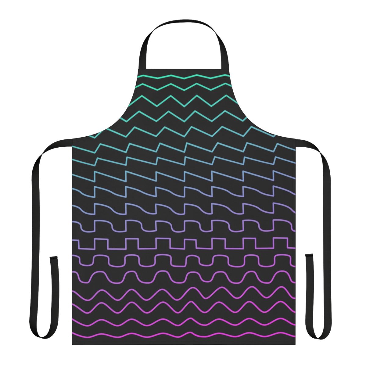 Apron with printed synthesizer waveform designs - sine, triangle, square, and sawtooth patterns.