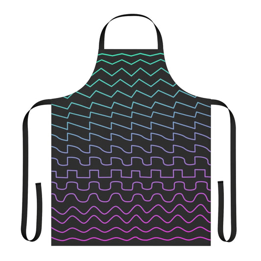 Apron with printed synthesizer waveform designs - sine, triangle, square, and sawtooth patterns.