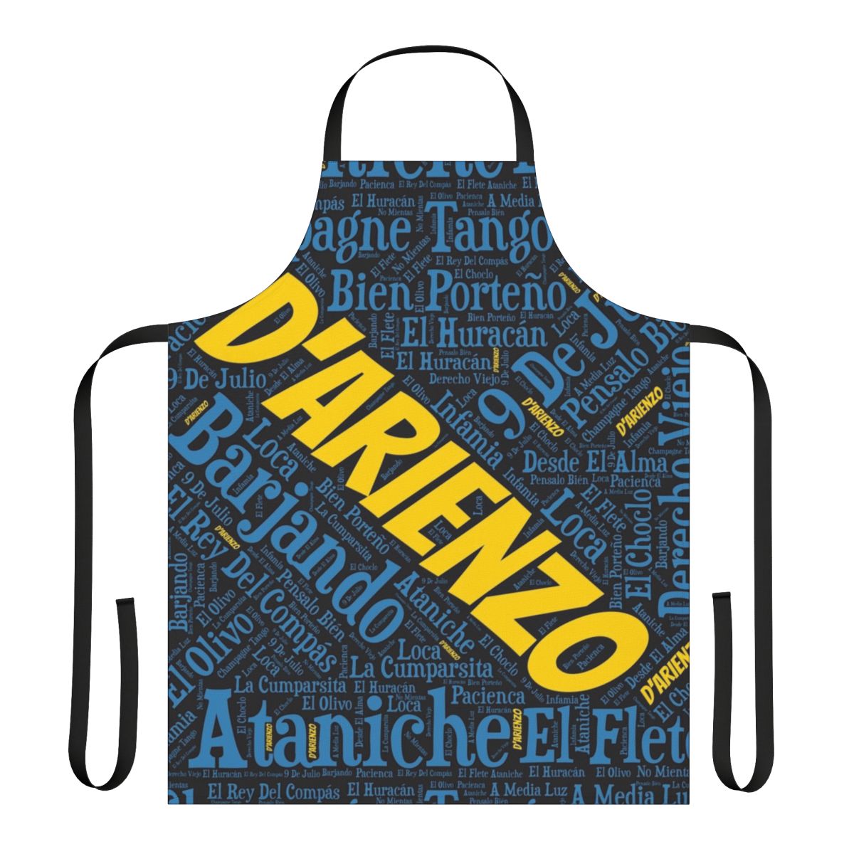 A stylish apron featuring a font art design inspired by Argentine tango music.