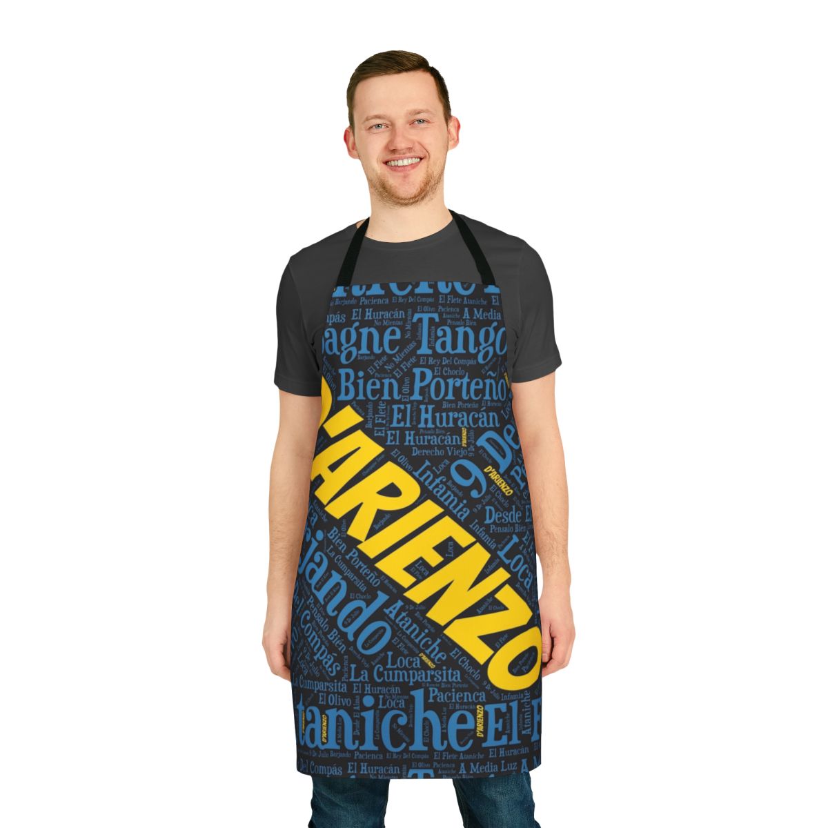 A stylish apron featuring a font art design inspired by Argentine tango music.
