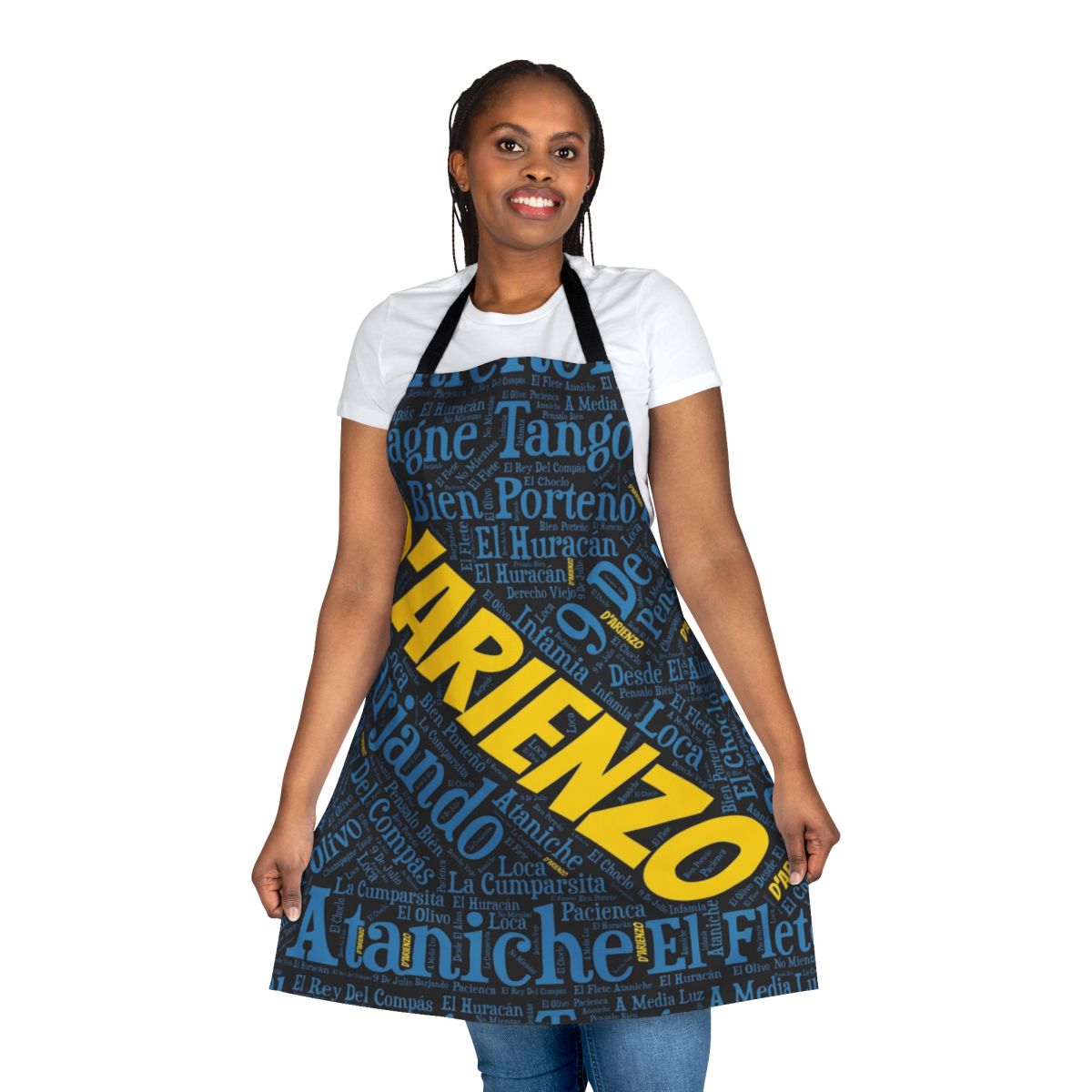 A stylish apron featuring a font art design inspired by Argentine tango music.