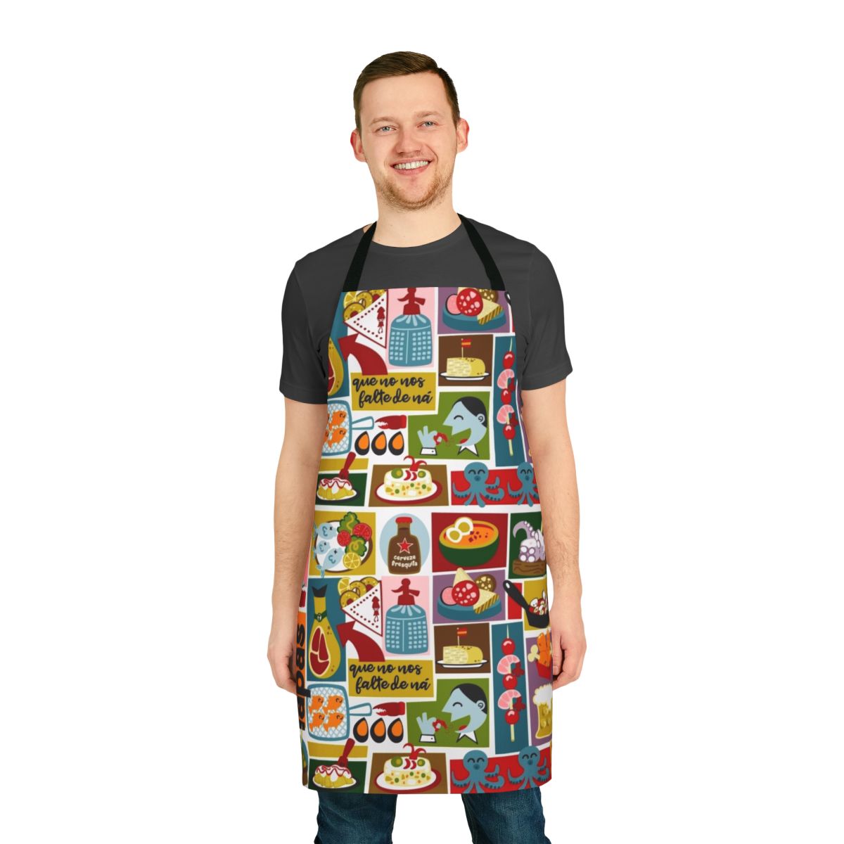 Tapas-inspired pattern with octopus, potatoes, shrimp, and other Spanish cuisine elements printed on a high-quality kitchen apron.