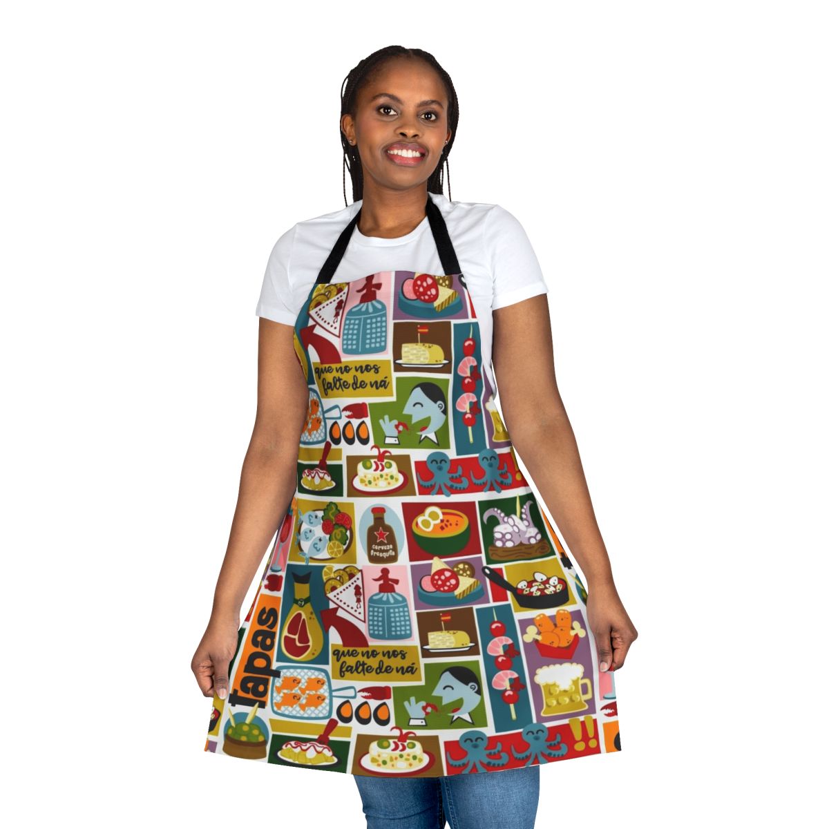 Tapas-inspired pattern with octopus, potatoes, shrimp, and other Spanish cuisine elements printed on a high-quality kitchen apron.