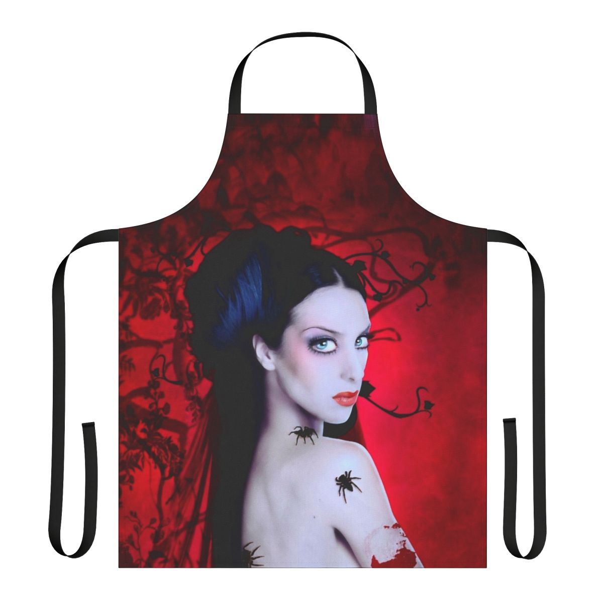 Vibrant orange tarantula-patterned apron featuring pop singer Monica Naranjo