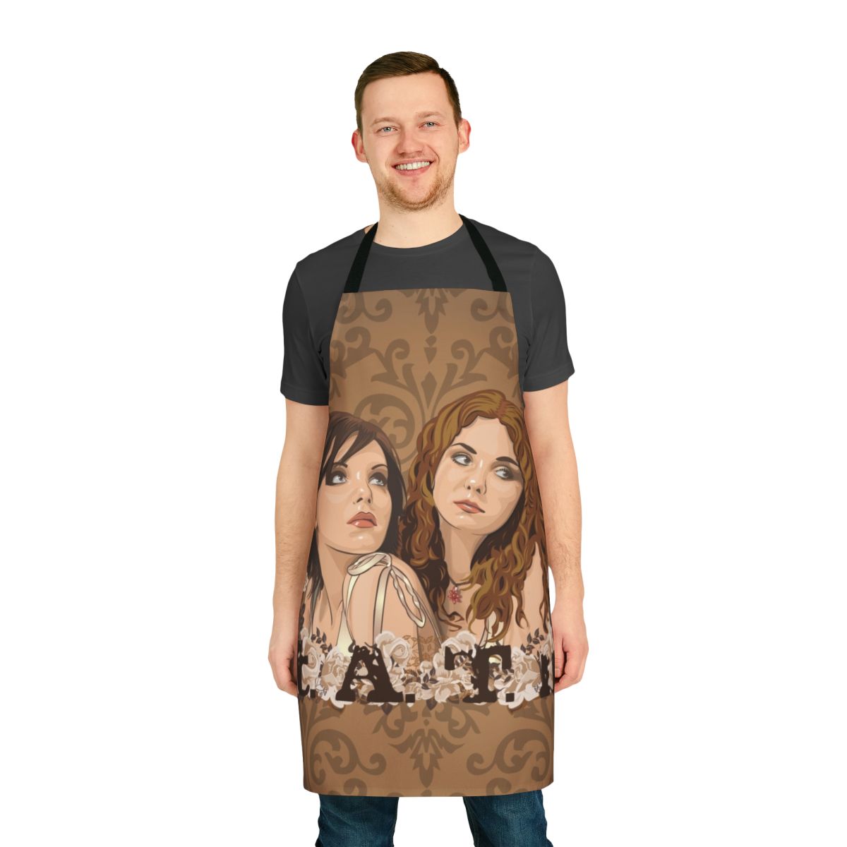Stylish TATU-inspired apron featuring the band's iconic imagery and lyrics