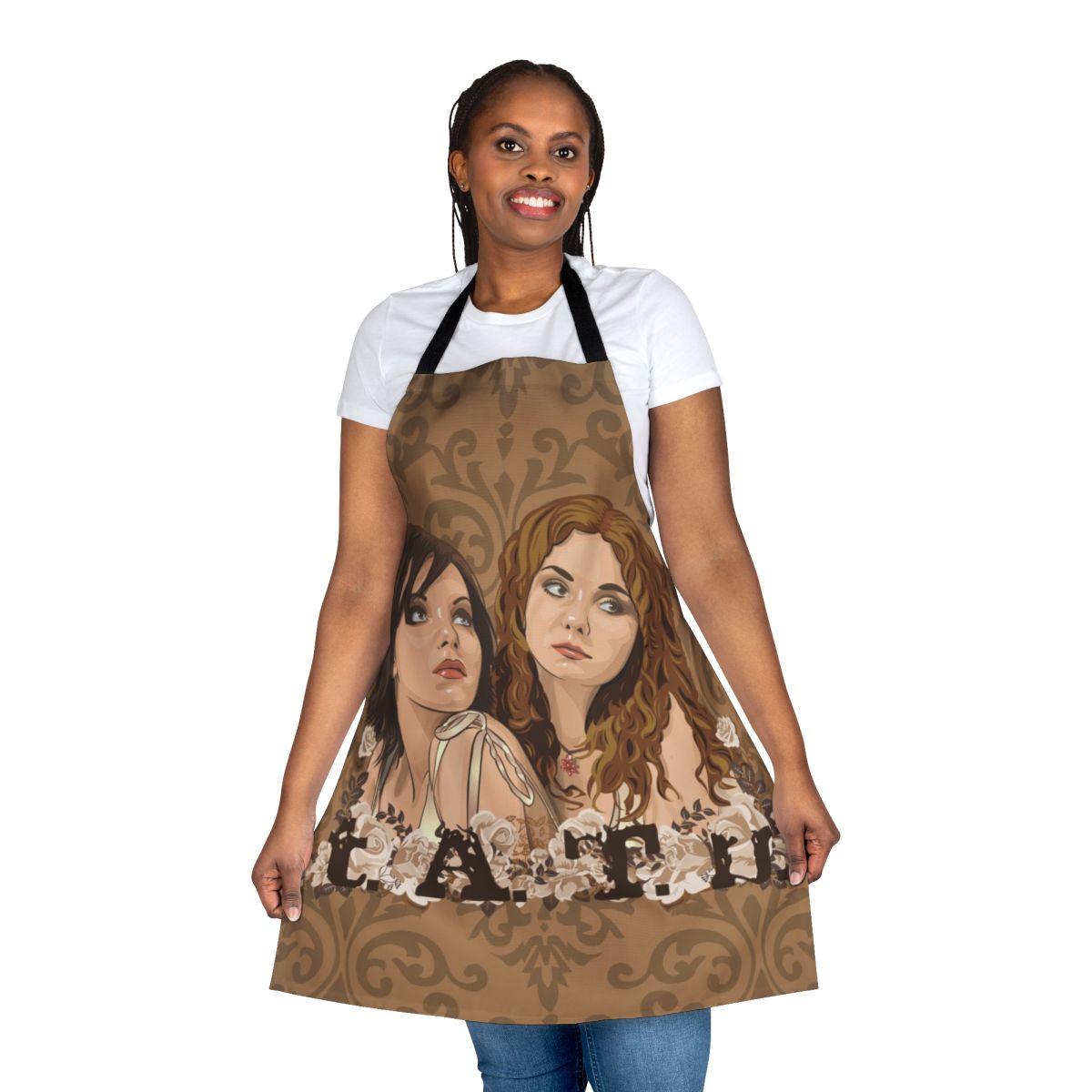 Stylish TATU-inspired apron featuring the band's iconic imagery and lyrics