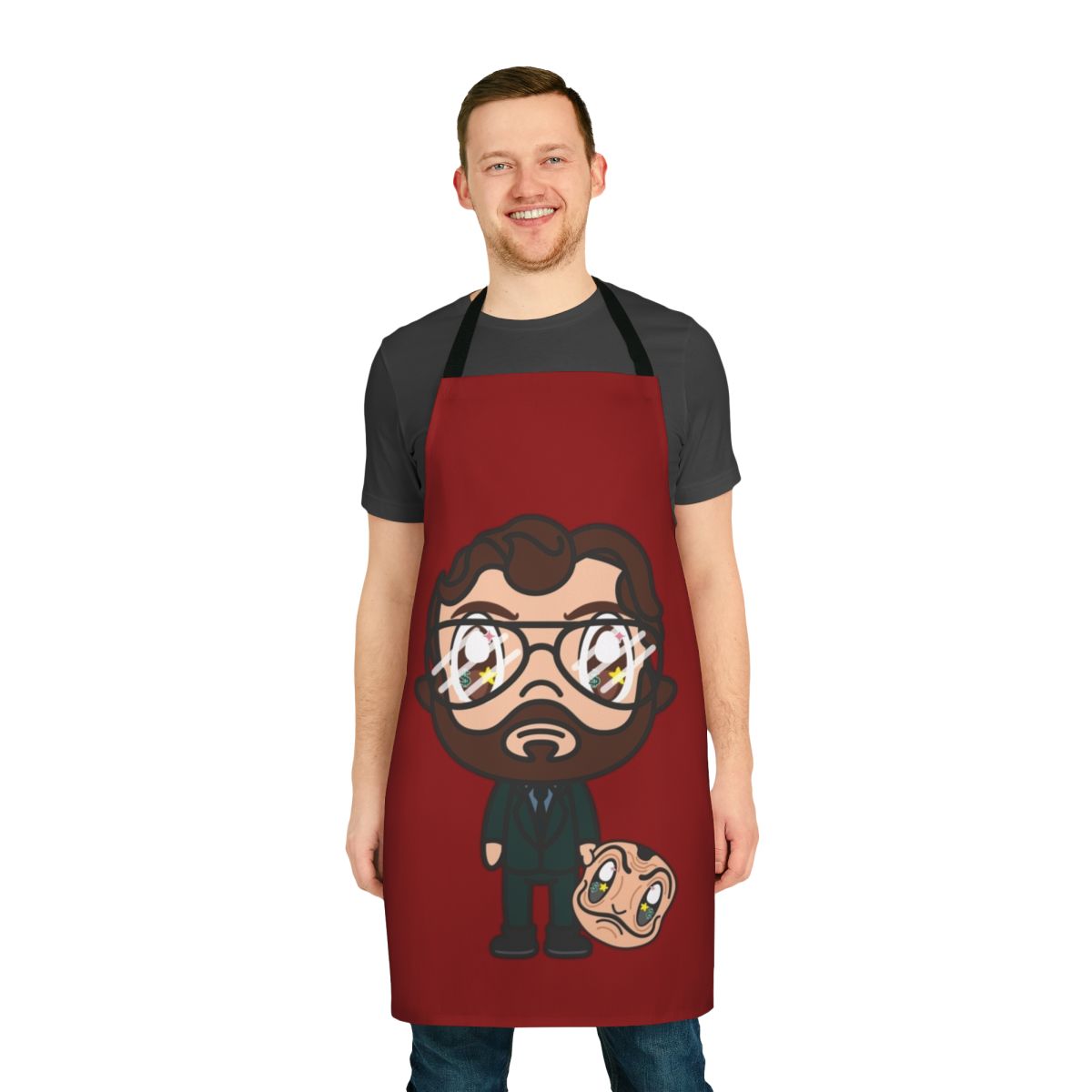 A high-quality apron featuring a unique Money Heist/La Casa de Papel-inspired design, perfect for teachers and fans of the popular Netflix series.