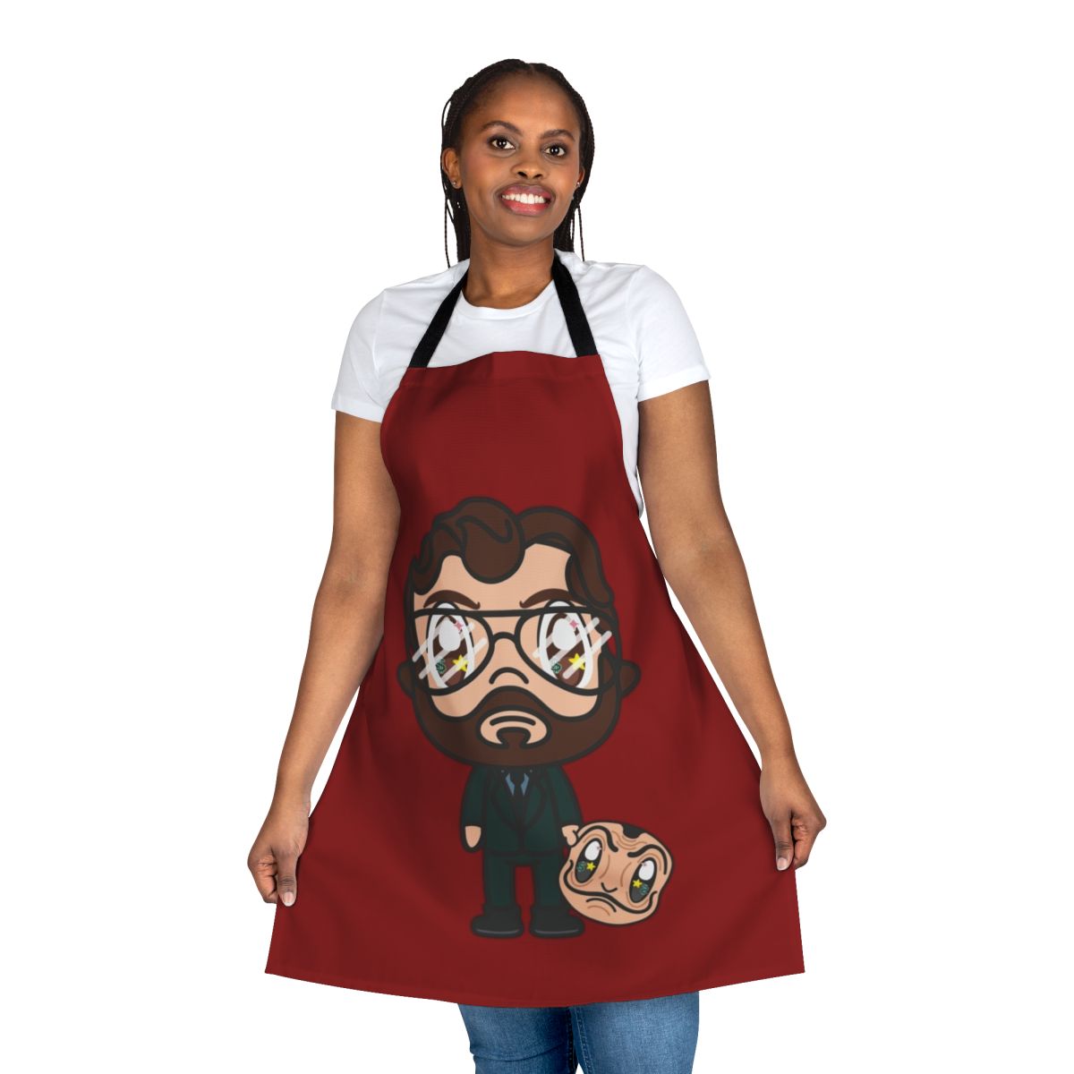 A high-quality apron featuring a unique Money Heist/La Casa de Papel-inspired design, perfect for teachers and fans of the popular Netflix series.