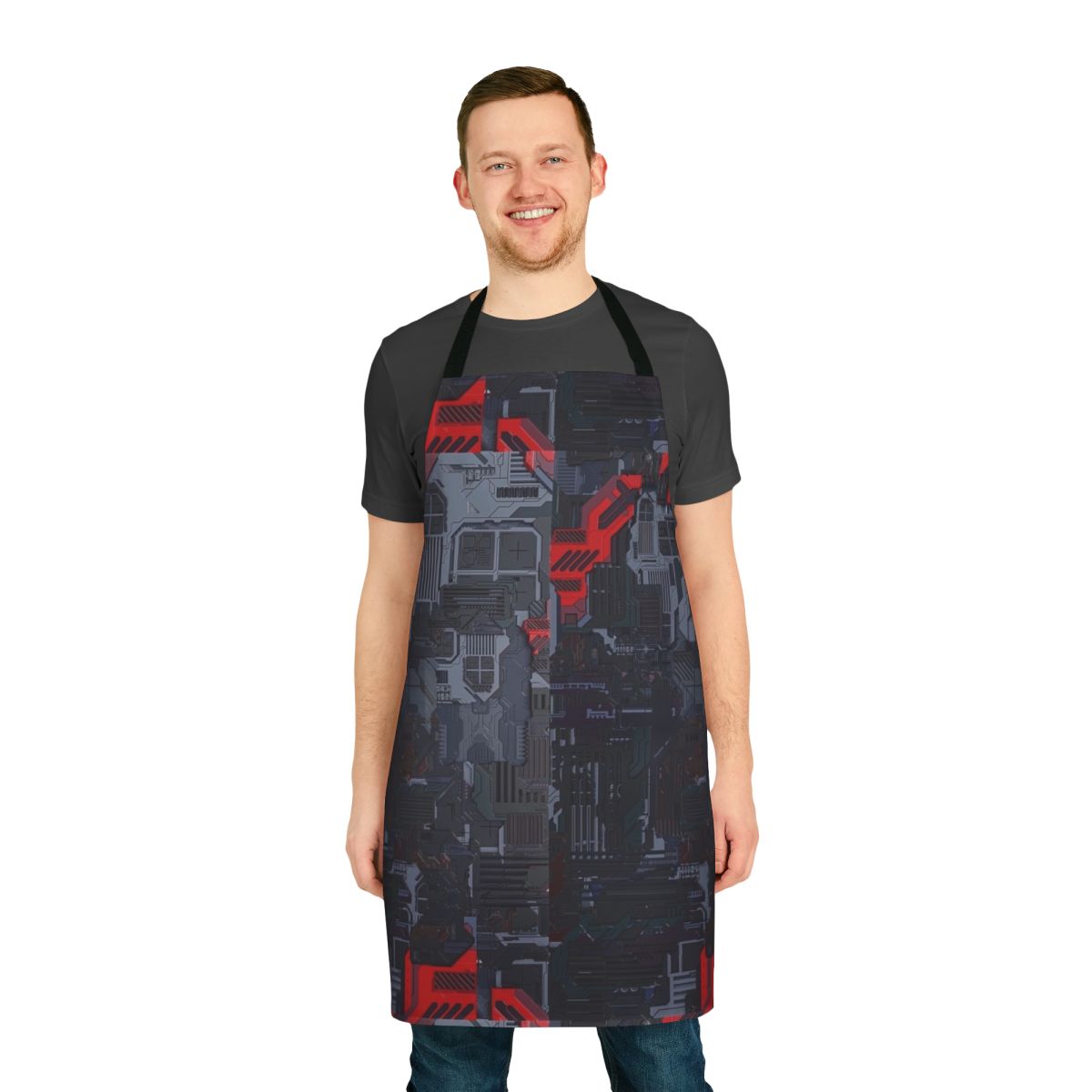 Apron with a digital circuit board pattern
