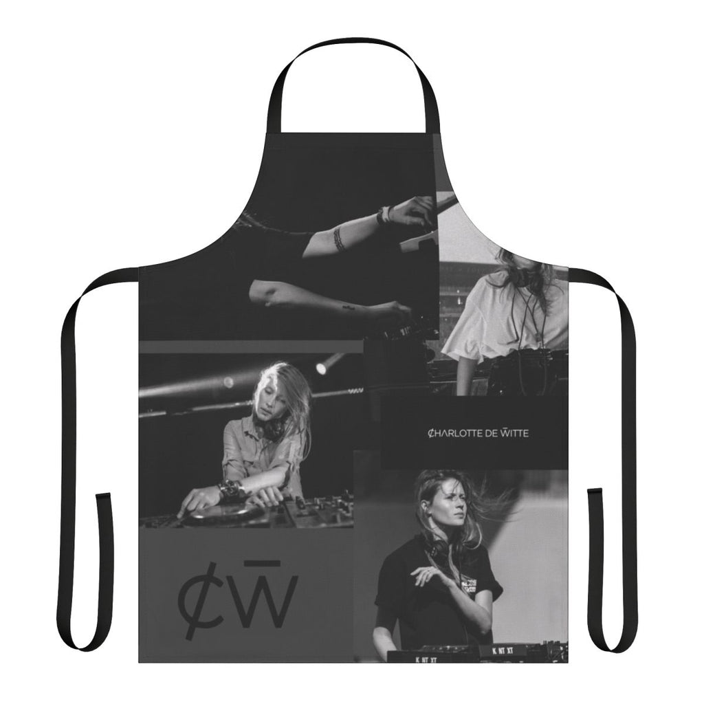 Sleek black and white apron featuring the name "Charlotte De Witte", a prominent female techno DJ