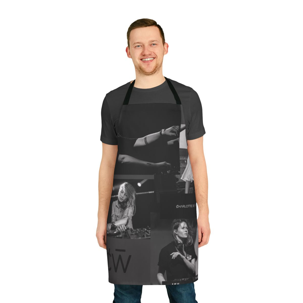 Sleek black and white apron featuring the name "Charlotte De Witte", a prominent female techno DJ
