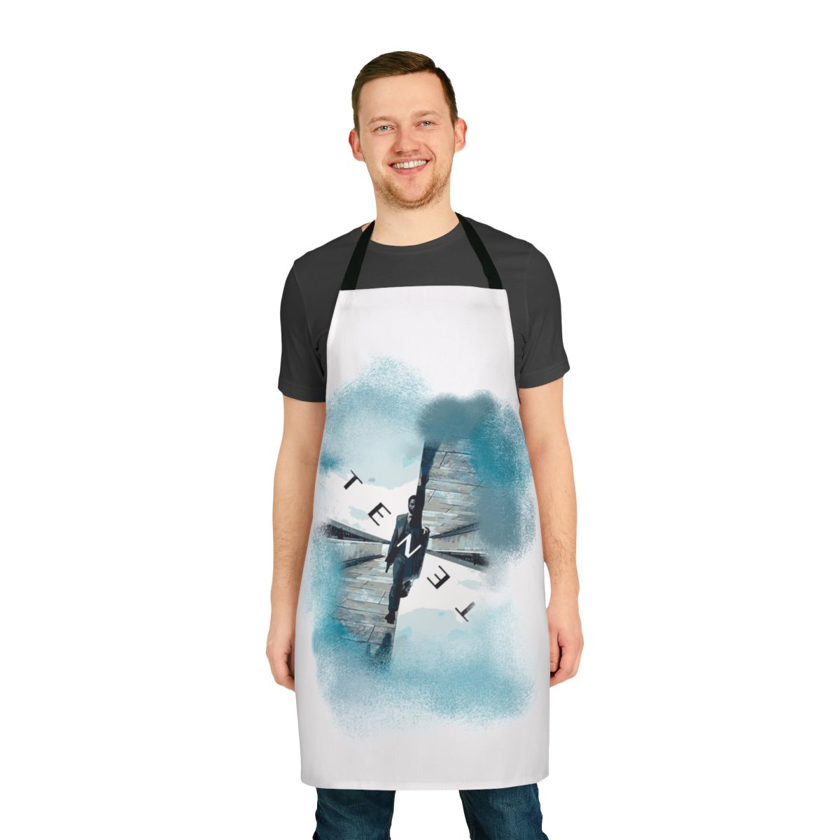 Tenet-themed apron with abstract black and blue design