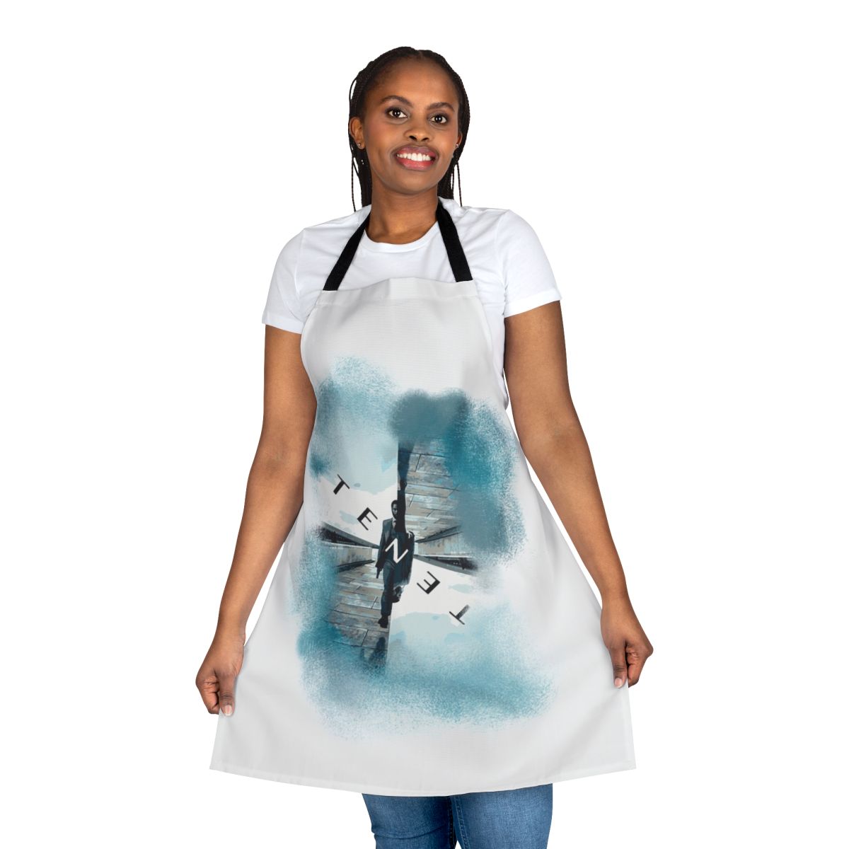 Tenet-themed apron with abstract black and blue design