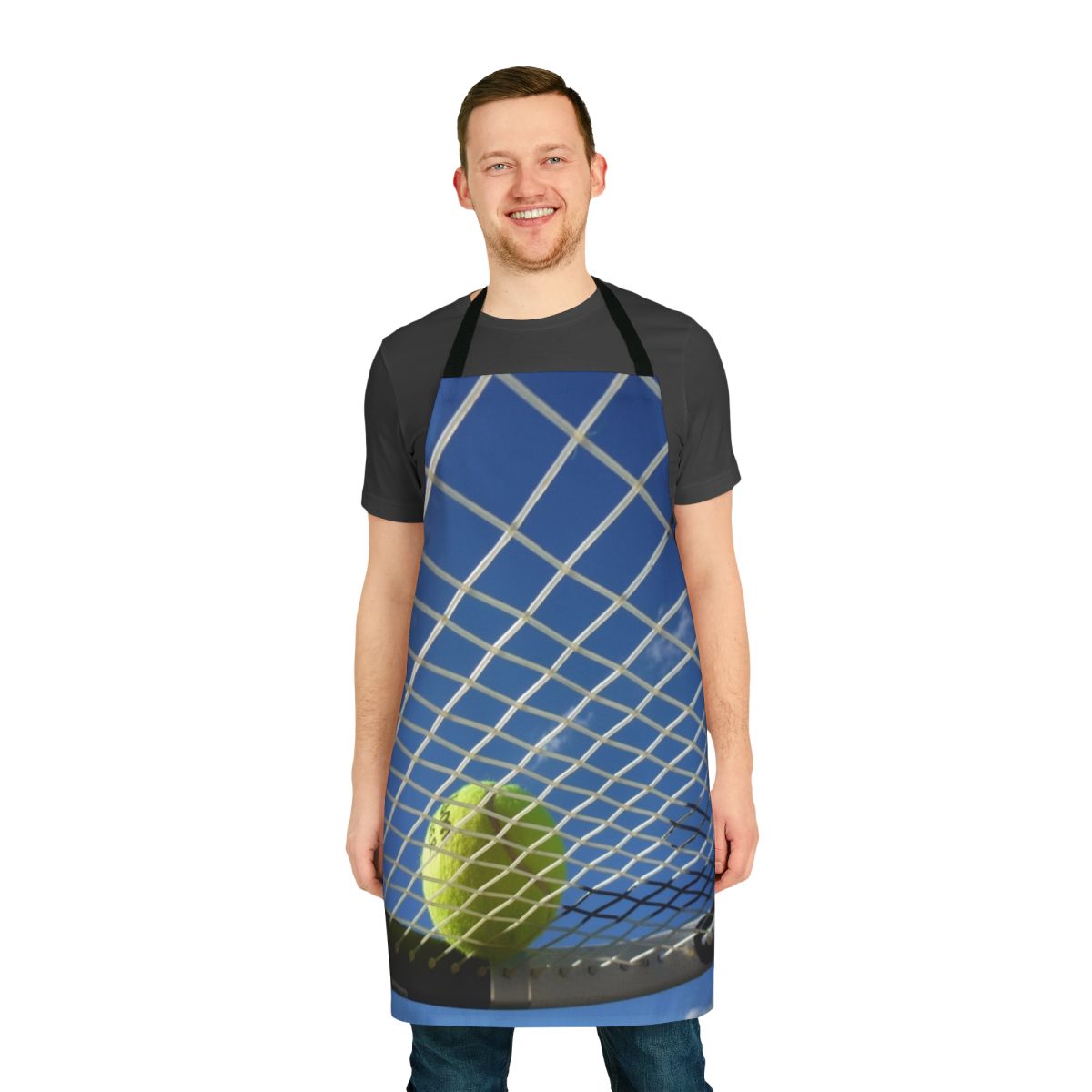 Durable and fashionable tennis ball-themed apron for cooking, baking, or entertaining.