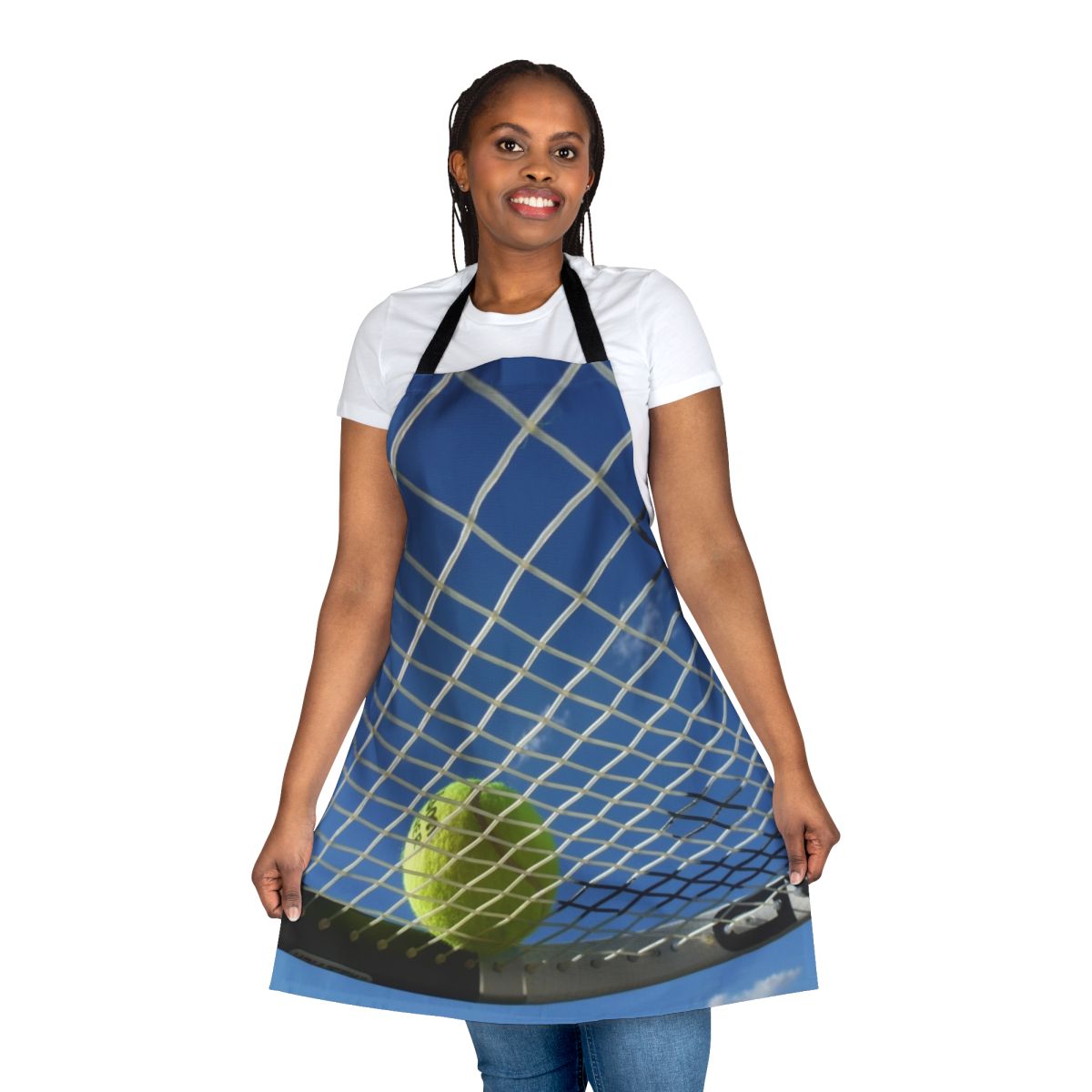 Durable and fashionable tennis ball-themed apron for cooking, baking, or entertaining.