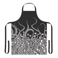 Monochrome line art illustration of tentacles and sea creatures on a black and white apron