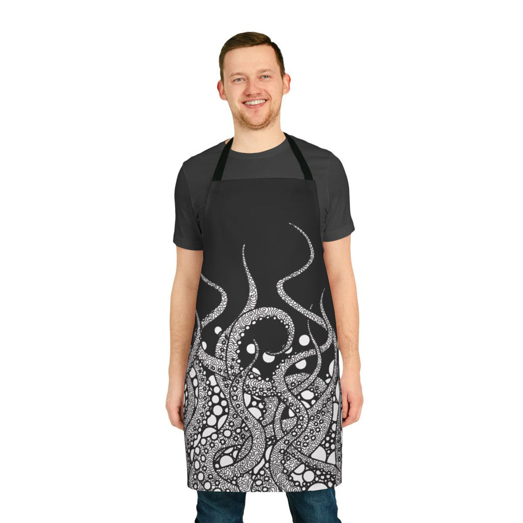 Monochrome line art illustration of tentacles and sea creatures on a black and white apron