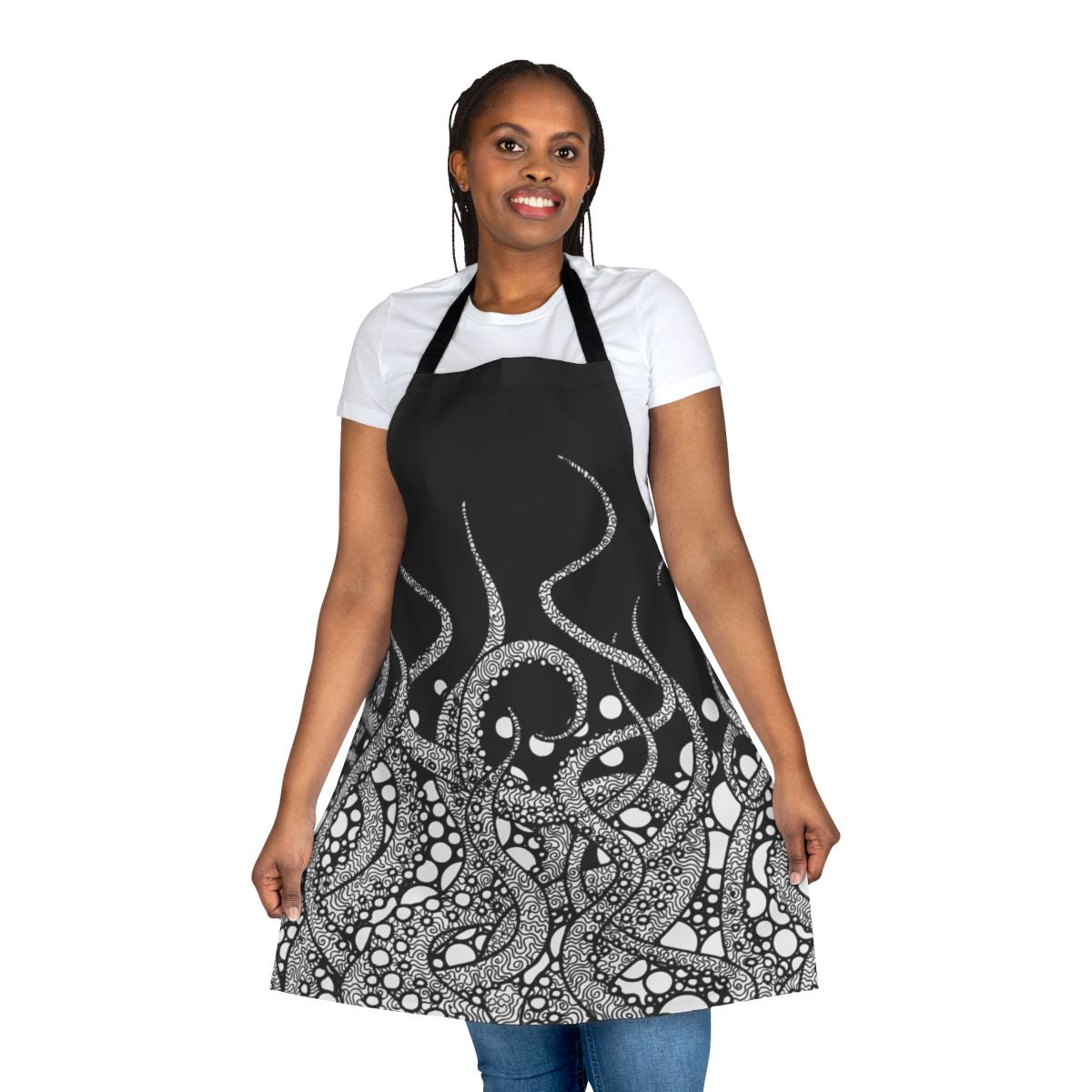 Monochrome line art illustration of tentacles and sea creatures on a black and white apron