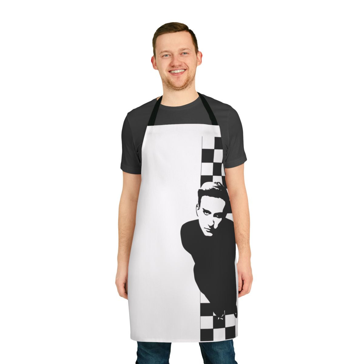 Photograph of a terry cloth apron with a two-tone design, ideal for cooking and kitchen tasks.
