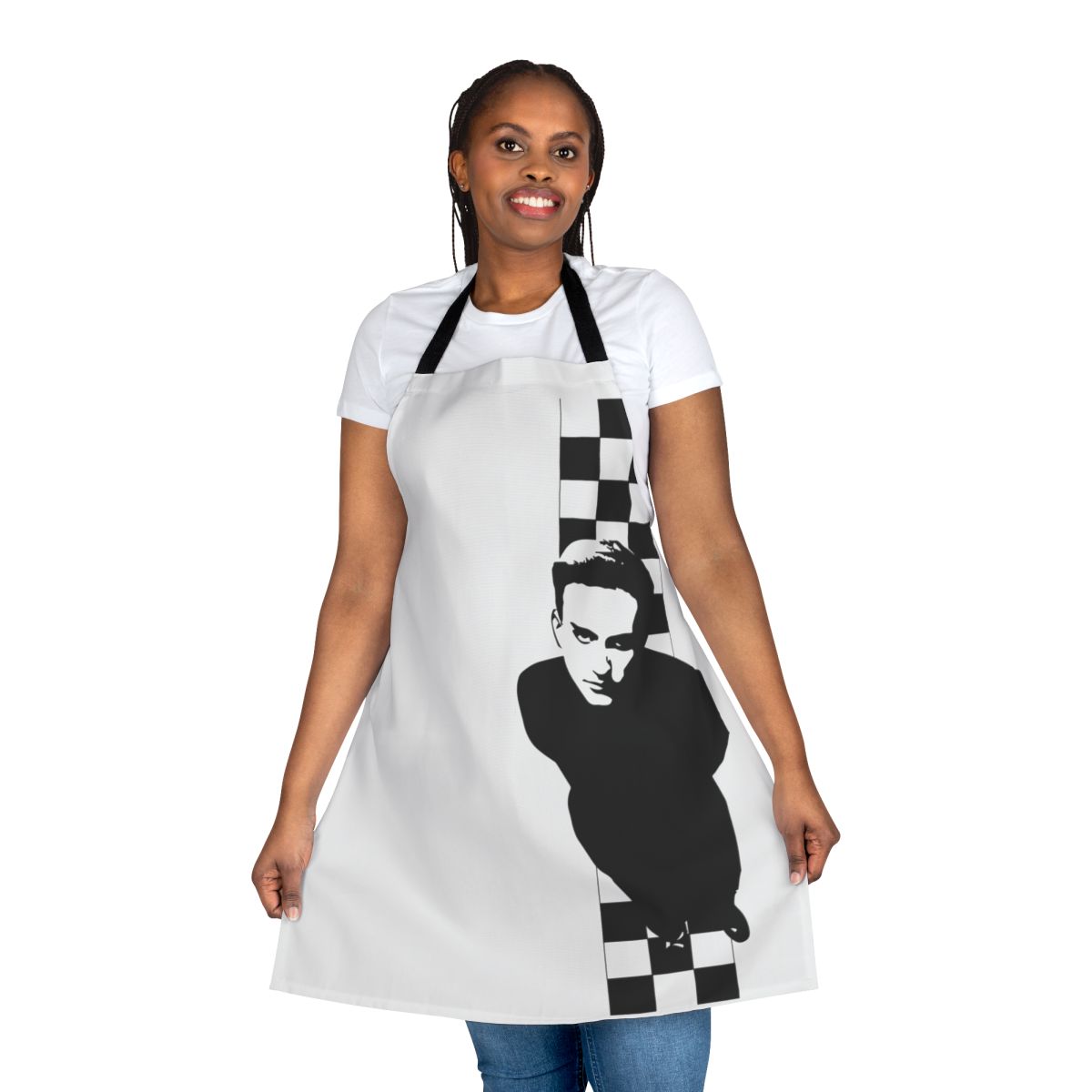 Photograph of a terry cloth apron with a two-tone design, ideal for cooking and kitchen tasks.