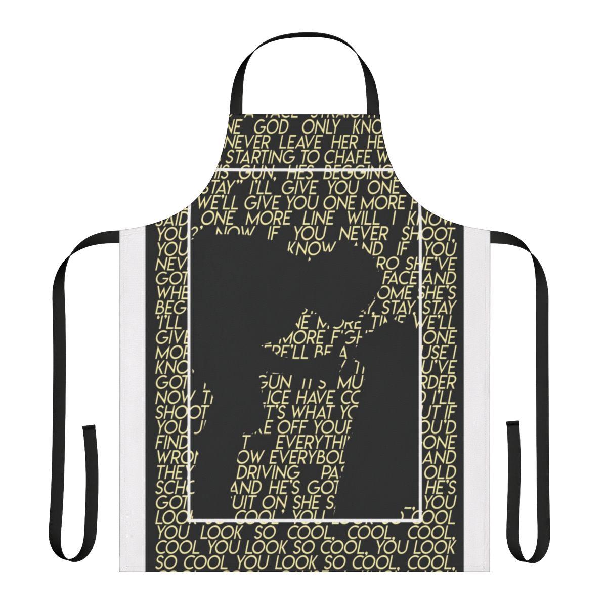 Apron featuring a black and yellow silhouette design inspired by the British pop band The 1975