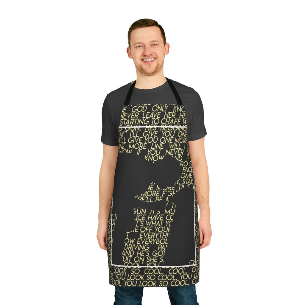 Apron featuring a black and yellow silhouette design inspired by the British pop band The 1975