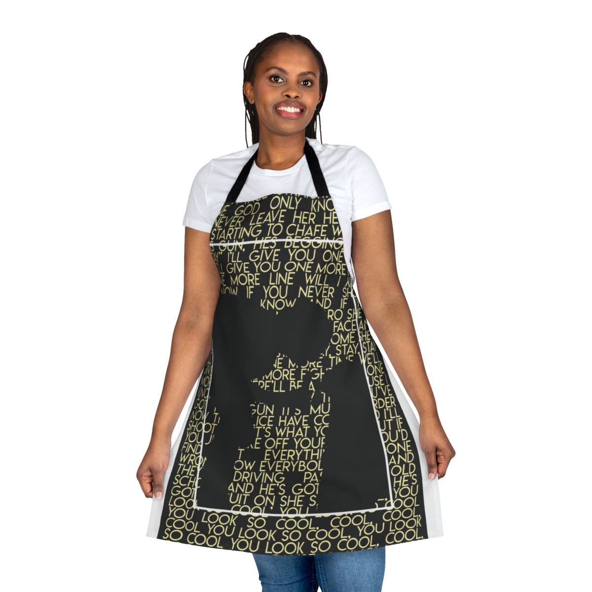 Apron featuring a black and yellow silhouette design inspired by the British pop band The 1975