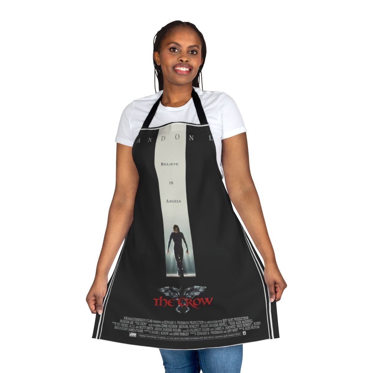 Stylish apron featuring The Crow movie poster artwork with raven and gothic design
