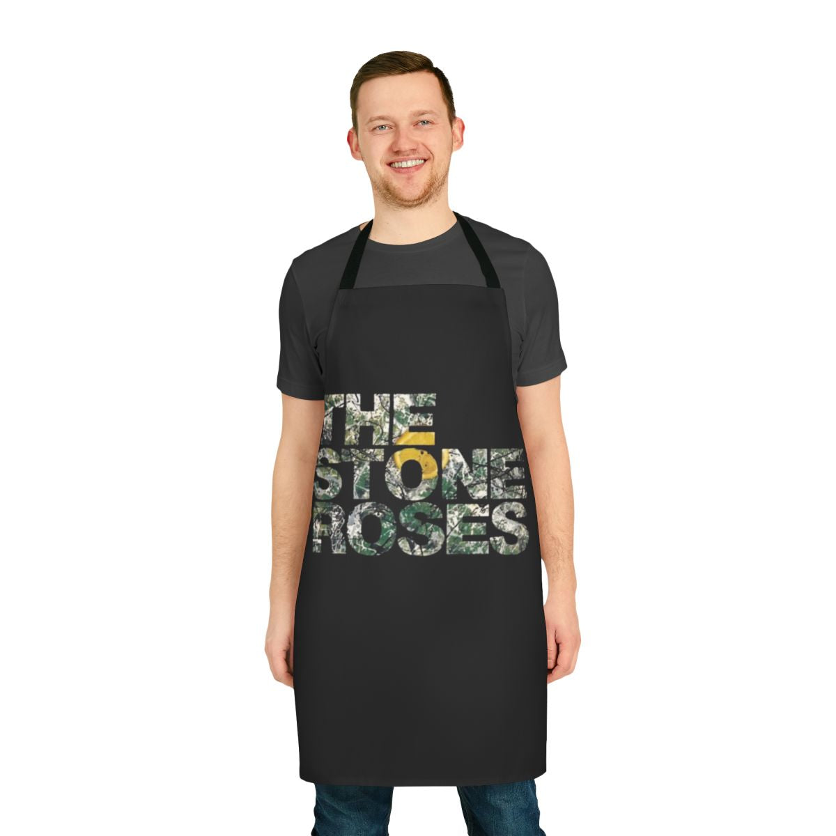 The Stone Roses inspired apron with the iconic band's logo and name
