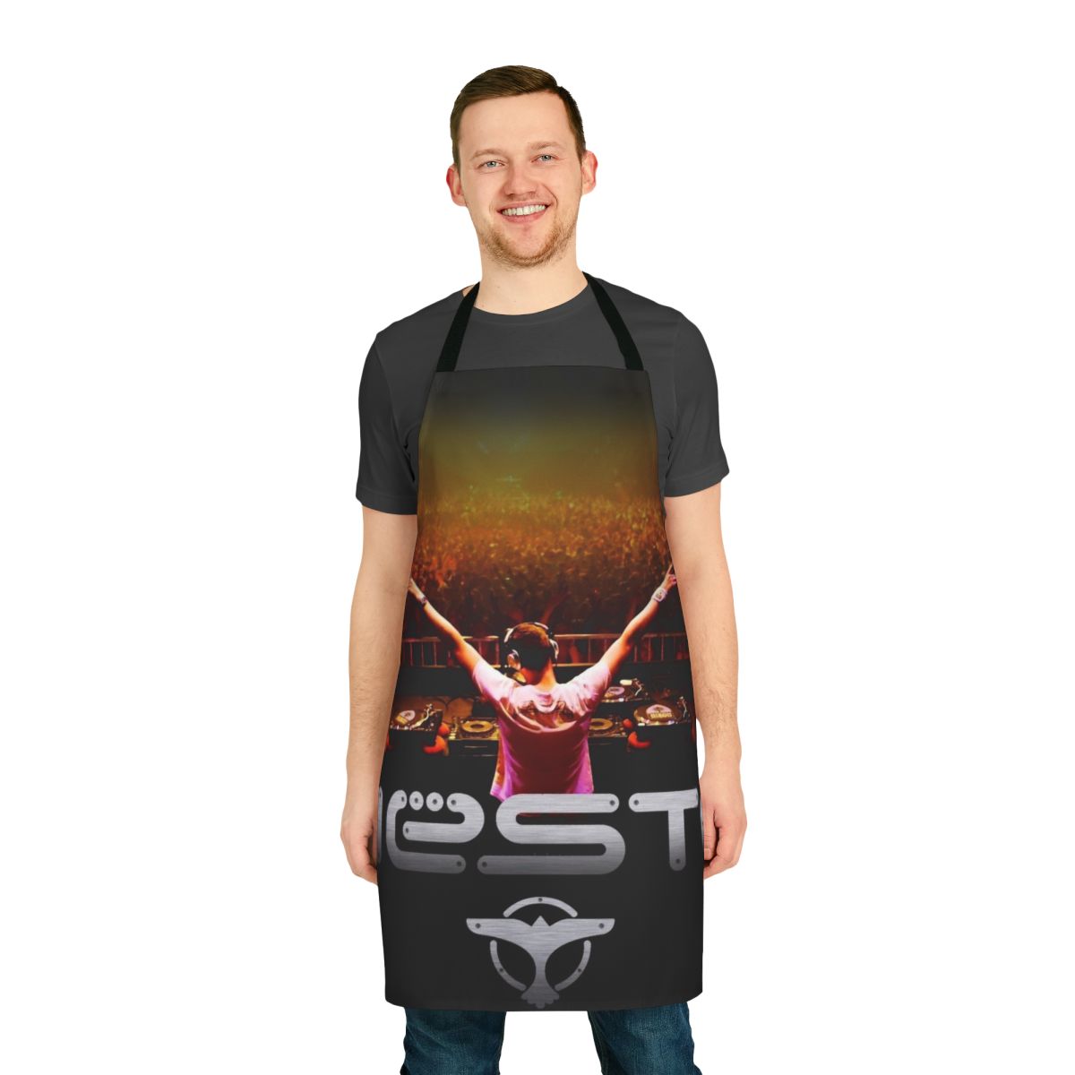 Tiesto-inspired apron with vibrant music-themed design