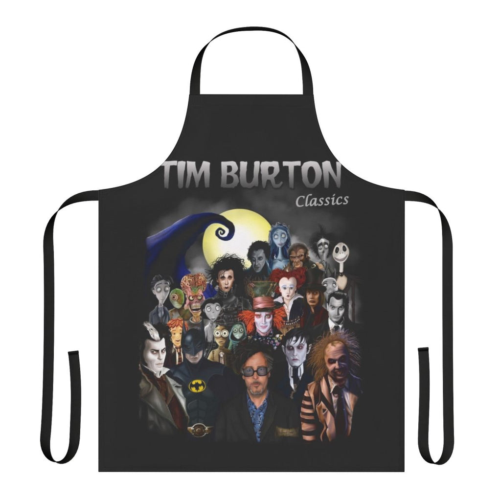 A colorful apron featuring a Tim Burton-inspired gothic and horror-themed design