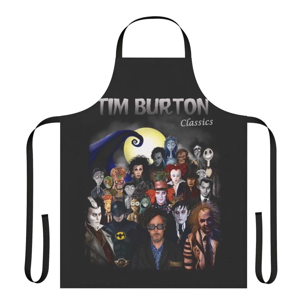A colorful apron featuring a Tim Burton-inspired gothic and horror-themed design