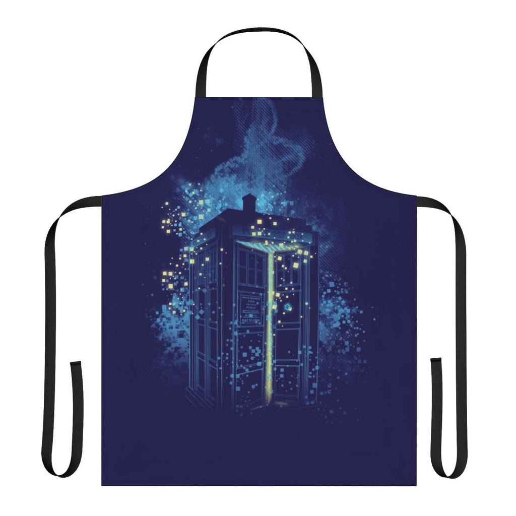 A stylish apron featuring a time lord inspired design with the focus on regeneration.