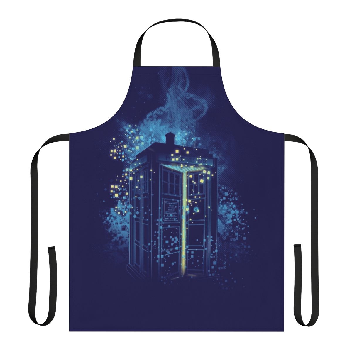 A stylish apron featuring a time lord inspired design with the focus on regeneration.