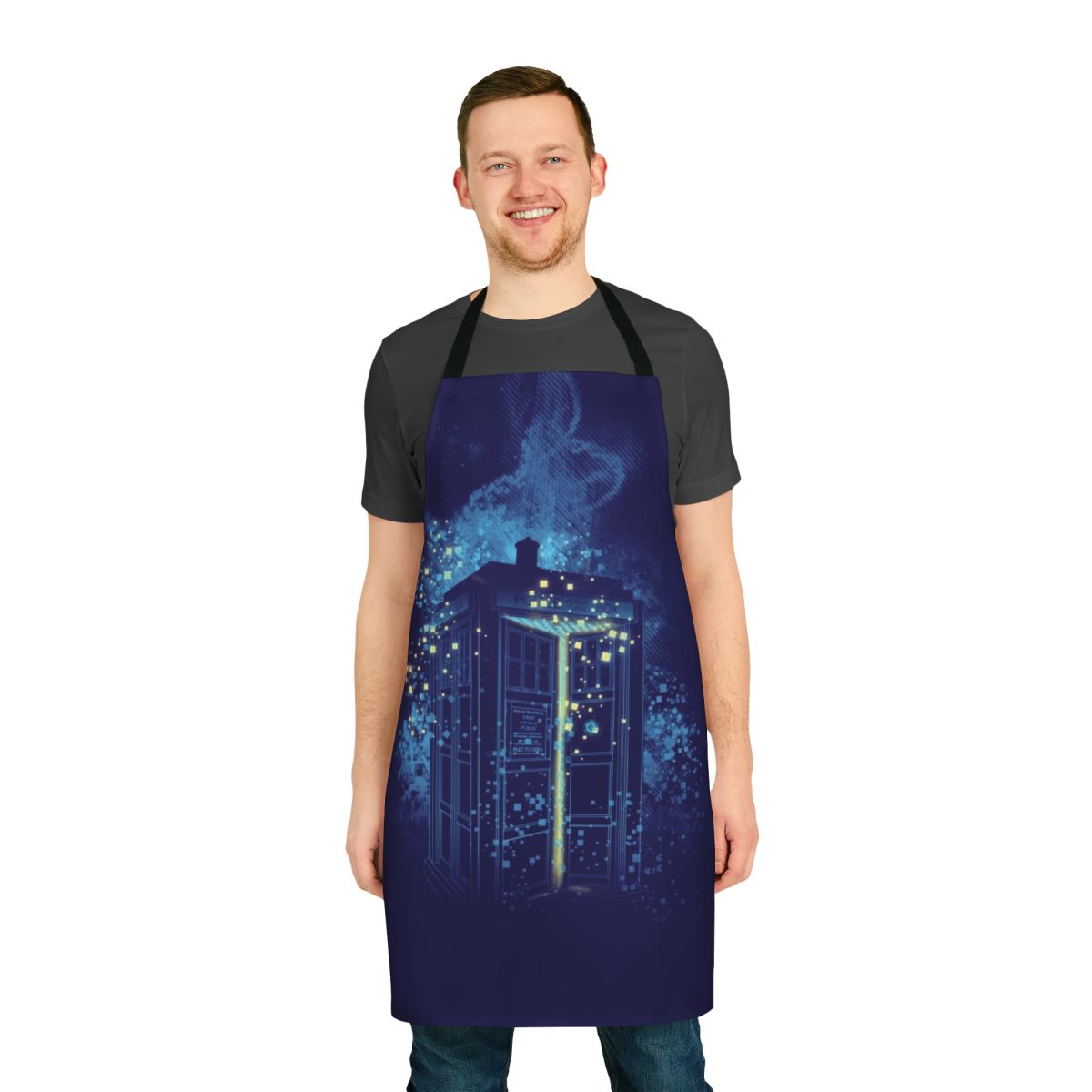 A stylish apron featuring a time lord inspired design with the focus on regeneration.