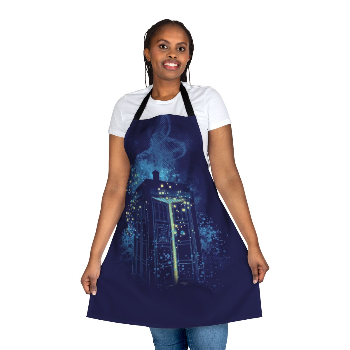 A stylish apron featuring a time lord inspired design with the focus on regeneration.