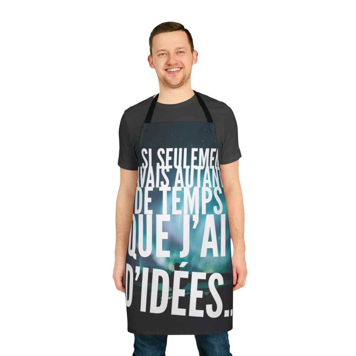 A black and white apron with the text "Too Many Ideas" in a stylized typography design
