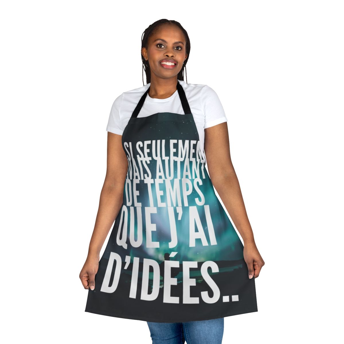A black and white apron with the text "Too Many Ideas" in a stylized typography design