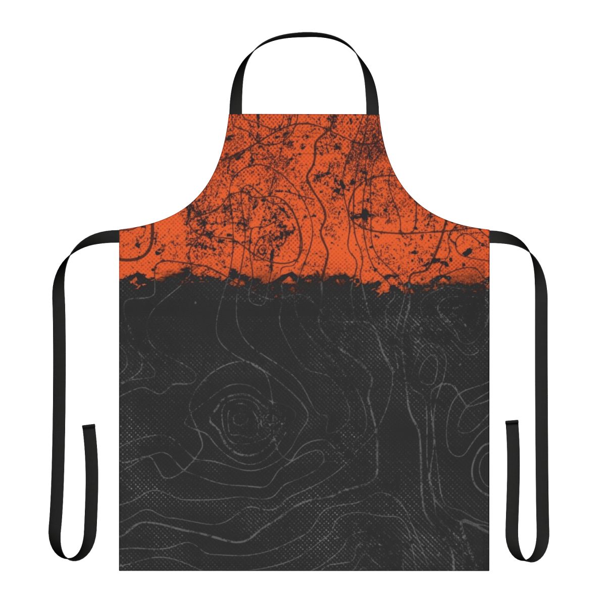 A high-quality apron featuring a topography or cartography design in shades of orange, black, and grey.