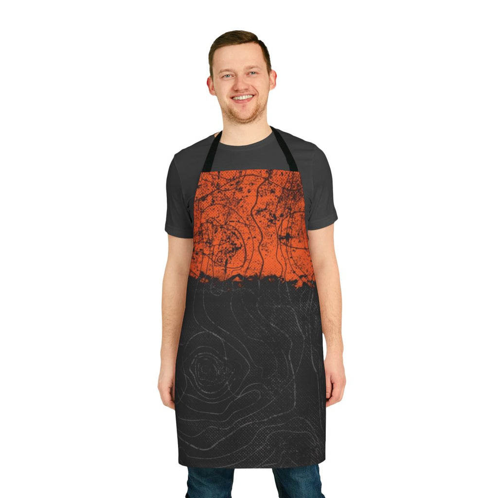 A high-quality apron featuring a topography or cartography design in shades of orange, black, and grey.