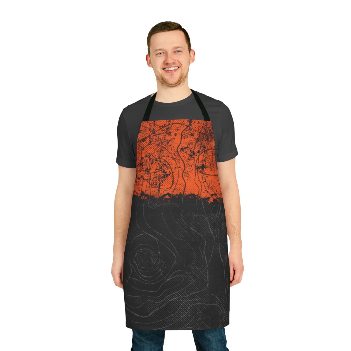 A high-quality apron featuring a topography or cartography design in shades of orange, black, and grey.