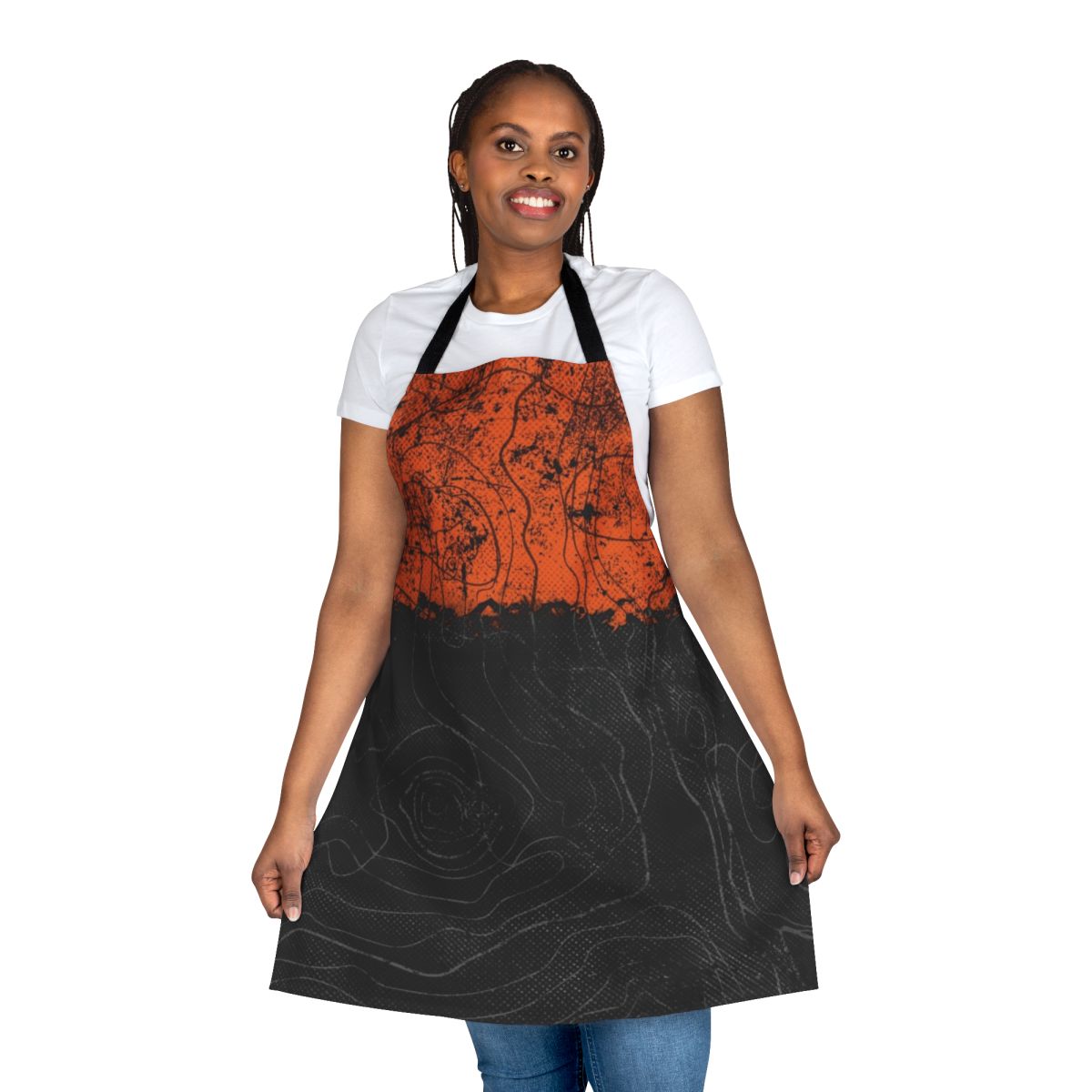 A high-quality apron featuring a topography or cartography design in shades of orange, black, and grey.