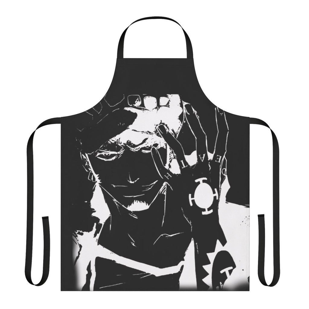 Monochrome apron featuring the iconic Trafalgar Law from the anime/manga series One Piece