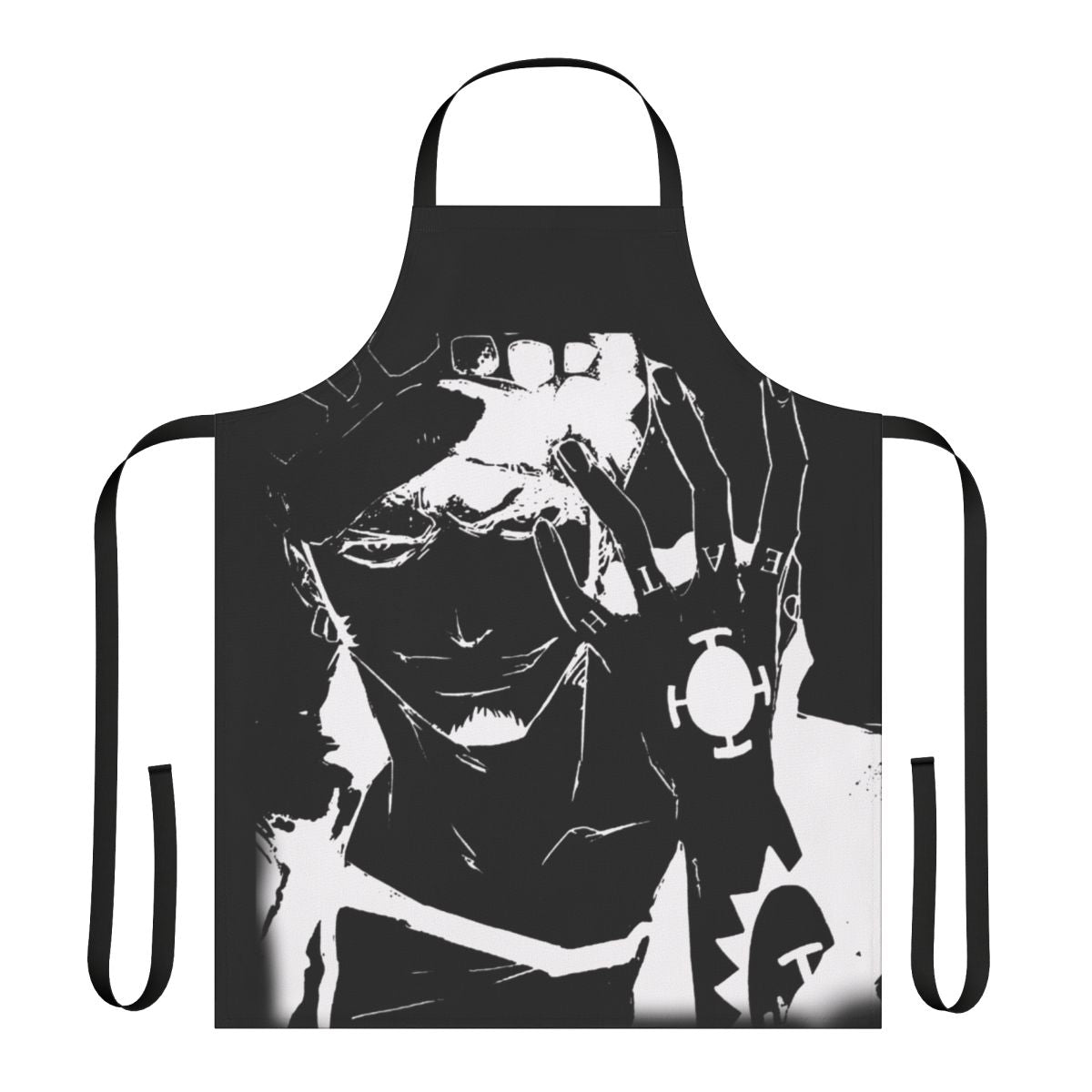 Monochrome apron featuring the iconic Trafalgar Law from the anime/manga series One Piece