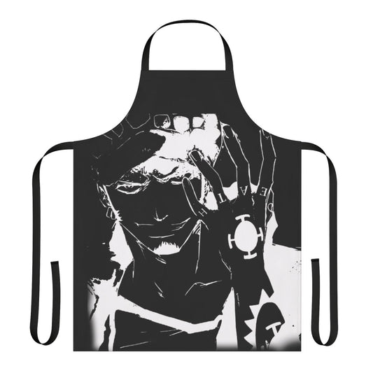 Monochrome apron featuring the iconic Trafalgar Law from the anime/manga series One Piece