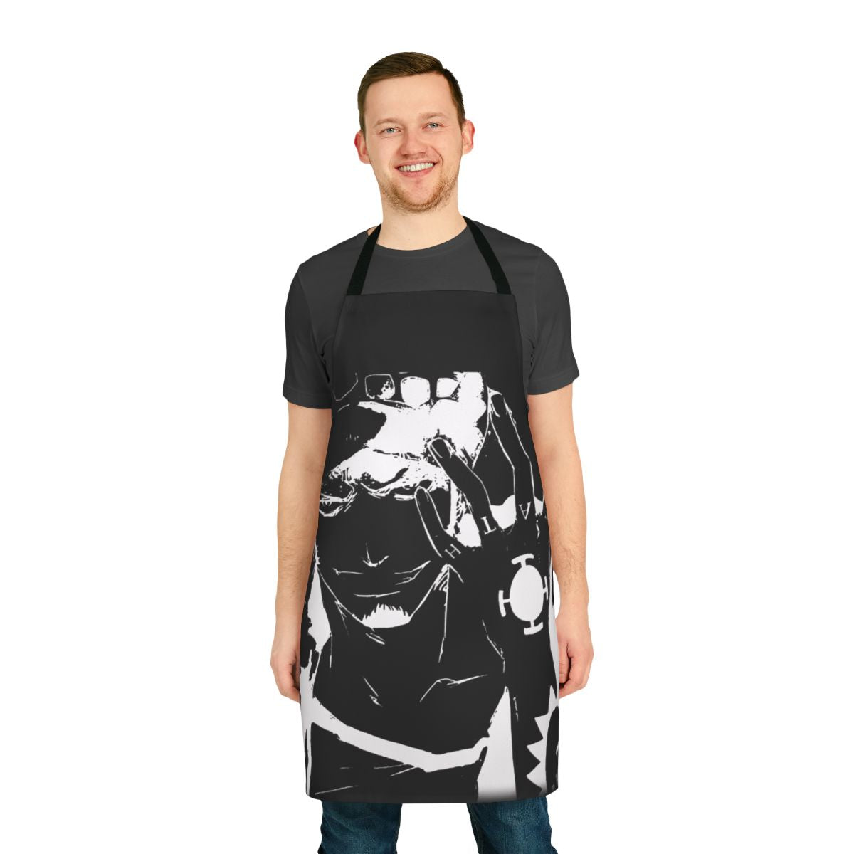 Monochrome apron featuring the iconic Trafalgar Law from the anime/manga series One Piece