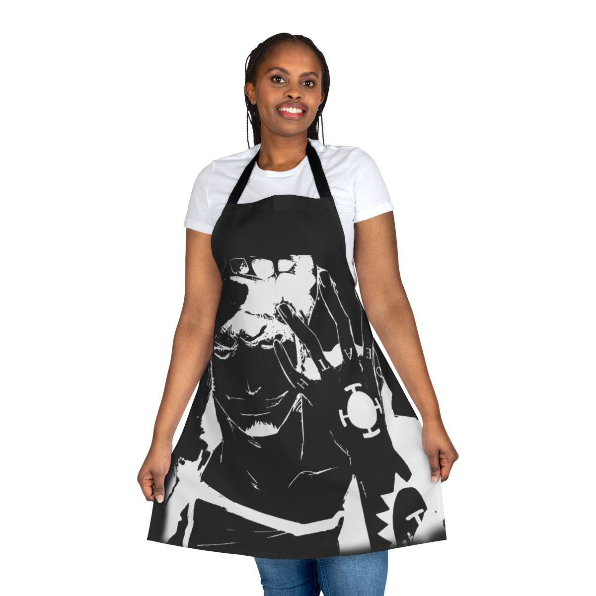 Monochrome apron featuring the iconic Trafalgar Law from the anime/manga series One Piece